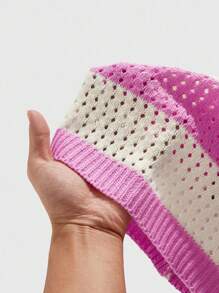 ROMWE MEN Prep 男士条纹字母提花针织镂空圆领短袖毛衣 - 粉色 - 查看 6