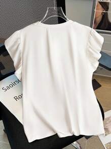 SHEIN Clasi Plus Size Women Faux Pearl Bow Ruffle Sleeve Loose T-Shirt - White - View 2
