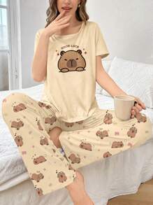 柔软针织面料女士睡衣套装，带有有趣的小熊图案和休闲风格水豚睡衣套装女士可爱睡衣套装可爱睡衣女士女士睡衣套装水豚睡衣 - 彩色 - 查看 5