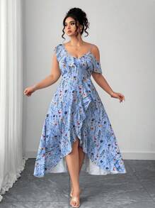 Elenzga Plus Size Women's Blue Summer Boho Tea Party Holiday V-Neck Elegant Asymmetric Ruffle Floral Print Dress,Suitable For Daily Wear,Dates And Vacations - Blue - View 3
