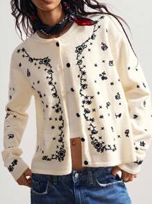 Bohemela 秋冬女士休闲时尚百搭刺绣纽扣前长袖毛衣 - 白色 - 查看 1