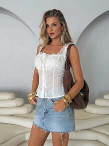 Roylia 女士优雅时尚年轻梭织刺绣抽绳蝴蝶结吊带背心 - 白色 - 查看 3