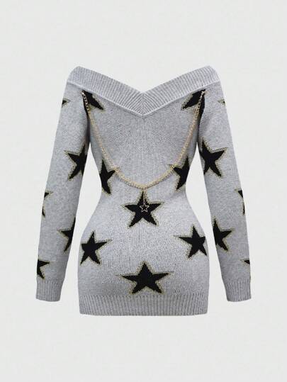 J-Fashion Y2K Chic Slim-Fit V-Neck Off Shoulder Chain Decor Knit Top For Women