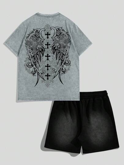 Street Life Herren Set aus T-Shirt mit Flügel Muster und Rundhalsausschnitt, Kurzarm und kurze Hose mit Tunnelzug Taille