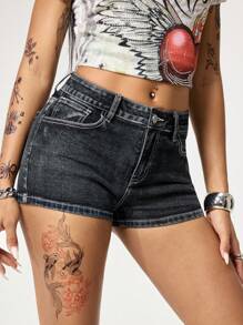 ROMWE Grunge Punk Shorts vaqueros casuales y versátiles con bolsillos para damas - Azul - Ver 8