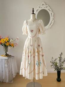 SHEIN MOD Square Neck Puff Sleeve Ruched Waistline 3-Tier Splice Sunflare Skirt Dress, Convertible Short And Long Style, Elegant Apricot Dress,Country Outfits,Beach Vacation Wear,Tea Party ,Modest ,Prom ,Lavender Hawaiian Dress,Sun Dresses For Women,Bohemian Clothes