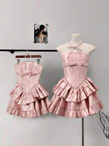 Glamine Elegant Pink Fishtail Layered Midi Skirt, Summer - Baby Pink - View 3