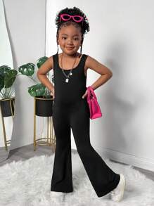 Sleeveless Knit Backless Jumpsuit, Cute Casual Everyday Versatile Fashionable Style For Young Girls Girls Black Jumpsuit Girls Jumpsuit Black Girls Jumpsuit Kids Black Jumpsuit Teen Jumpsuit - Black - View 5