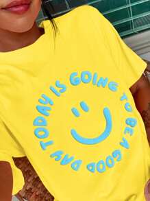 DrmWander 大码女式口号和笑脸圆领短袖休闲百搭 T 恤，夏季 - 黃色 - 查看 3