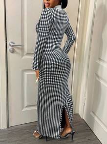 BamGleam Women Elegant Slim Long Patchwork Puff Sleeve Collar Houndstooth Pattern Fabric Women's Long Dress, Autumn/Winter Maxi Women Outfit Fall Cloth For Women - Black - View 2