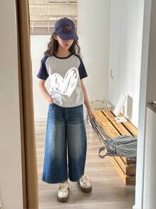 Tween Girls Y2K Streetwear Retro Casual Loose Fit Distressed Washed Denim Wide Leg Non-Stretch Capri Jeans