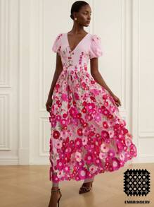 GENKIRA Đầm dài tay bồng thêu hoa cổ chữ V sang trọng thanh lịch mùa xuân/hè mới cho nữ - Nhiều màu - Xem 3