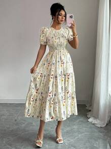 Elegant Floral Print Ruched Waist Layered Splice Dress For Women, Suitable For Vacation Tea Party Navy Blue Floral Summer - 多色 2 - 查看 5