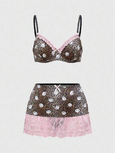 ROMWE Grunge Punk Dark Punk Leopard Cat Head Bow Contrast Color Wire Bra, G-String And Mini Skirt 3-Piece Sexy Lingerie Set
