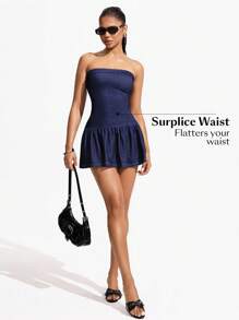 Flexra 女式荷叶边下摆牛仔吊带连衣裙 - 中等水洗藍 - 查看 3