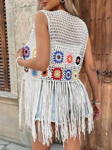 女士海滩度假优雅钩针花卉拼布流苏和服泳衣（花卉颜色随机） - 白色 - 查看 2