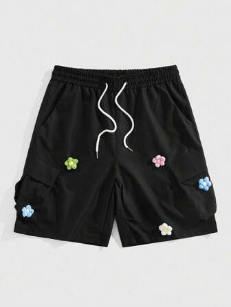 Street Life Herren Shorts mit Kordelstopp in der Taille, 3D Blumen Dekor, Lässig Cargoshorts