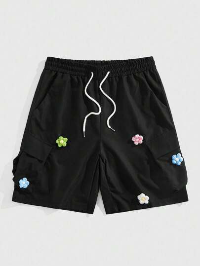 Street Life Men's Drawstring Waist 3D Floral Decor Casual Cargo Shorts