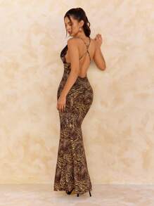 SHEIN SXY Brown,Summer,Chic,Party Night Women Lace Patchwork Backless Maxi Halter Mermaid Dress,Fall Leopard Print Cocktail Party,Formal Date Bridesmaid Dress - Multicolor - View 2