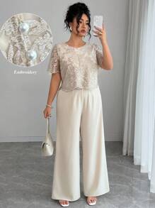 Elenzga 大码女式花卉提花圆领短袖上衣和阔腿裤优雅两件套，夏季 - 杏色 - 查看 1