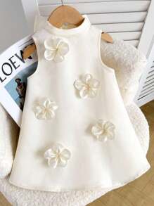 SHEIN 休闲优雅的女婴宽松 A 字形无袖连衣裙，3D 花卉装饰，后颈处有超大蝴蝶结装饰，杏色 - 杏色 - 查看 9