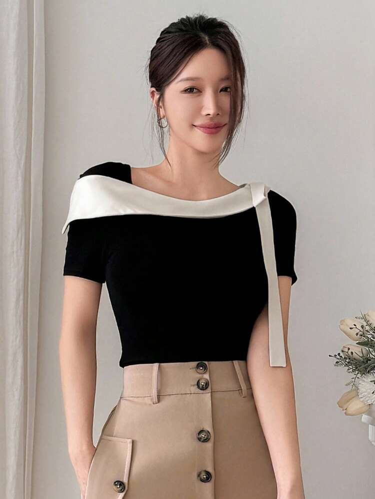 Women's Color Block Strap Asymmetrical Neck Fitted Short Sleeve Sexy Elegant T-Shirt, Summer