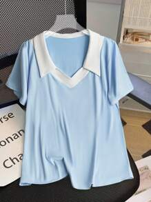 SHEIN Clasi Plus Size Women French Style Casual V-Neck Short Sleeve T-Shirt, Summer - Blue and White - View 1