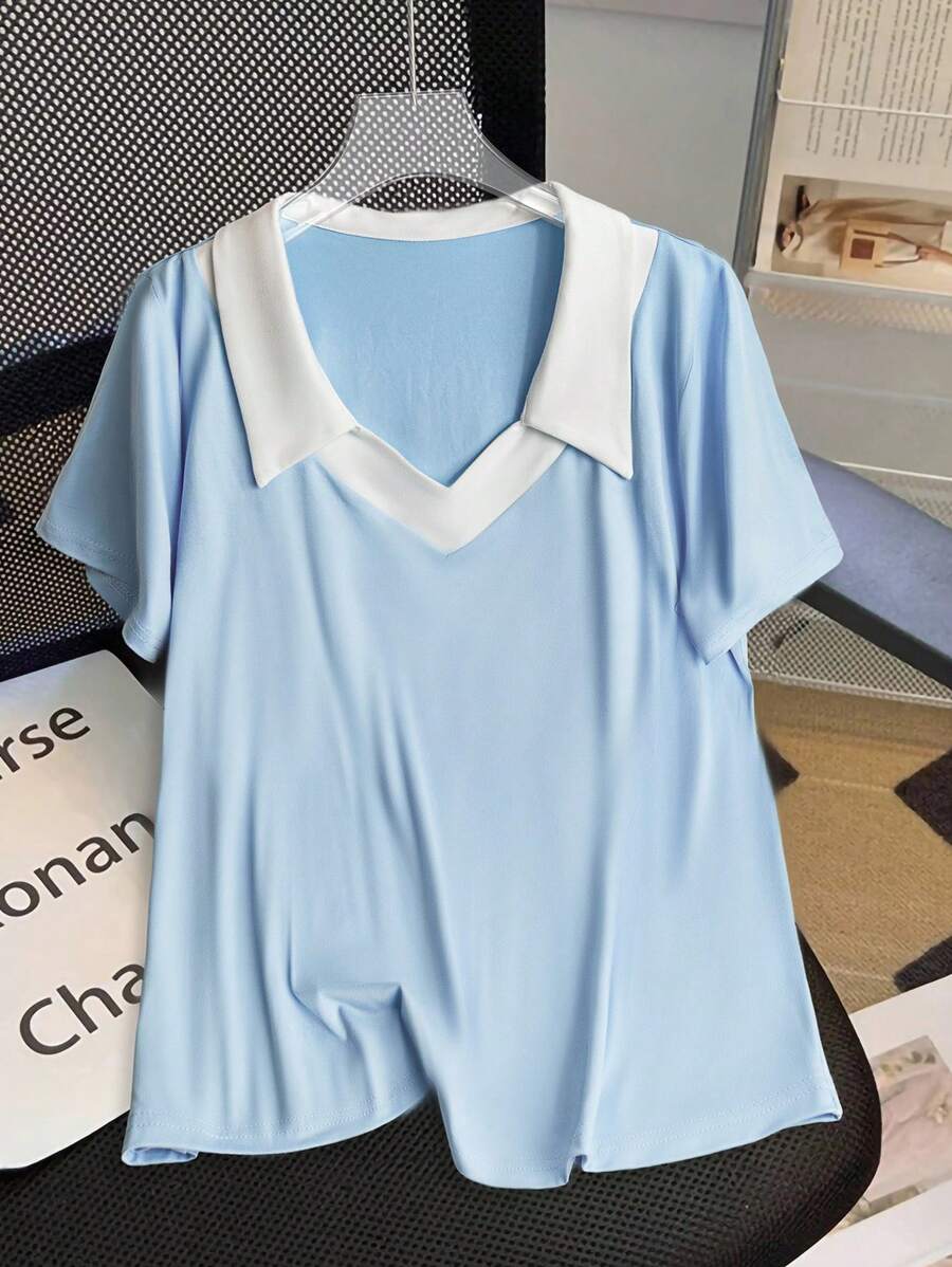 SHEIN Clasi Plus Size Women French Style Casual V-Neck Short Sleeve T-Shirt, Summer - Blue and White - View 1