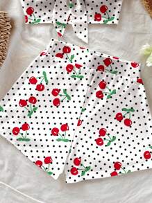 Soleia 2 件套女士夏季波尔卡圆点和樱桃印花结饰前部抹胸和短裤套装
