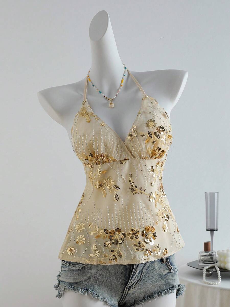 Zolique 浪漫闪亮蓝色亮片吊带背心，适合夏日海滩度假 - 杏色 - 查看 1