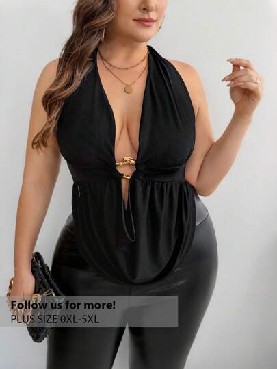 Firerie Plus Size Women Draped Neck Halter Ruched Metal Decor Sexy Elegant Tank Top