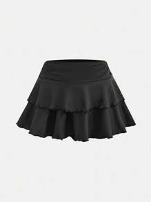 SHEIN Girlism Tween Girls Y2K 街头服饰短款褶皱不对称下摆豹纹修身背心和双层荷叶边针织短裙短裤套装，舒适高弹力开学装 - 黑色 - 查看 11