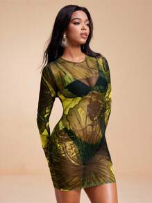 JIAN LASALA Tropical Floral Printed Transparent Mesh Turtleneck Mini Sexy Dress Women Summer Vacation Sheer Dress Mesh Dress See Through Dress Green Mesh Dress Printed Mesh Dress Mesh Dresses For Women Sheer Dresses Ankara Dress Resort Wear Flowy Dress Vintage Homecoming Formal Dress Going Out Fall Women Clothes Festival Outfits Business Casual Women Fall Clothes Wedding Guest Dress Women