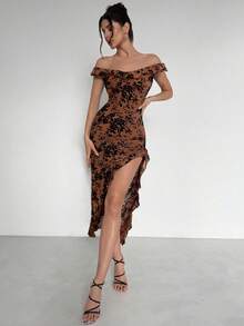 Firerie 女士优雅精致浪漫简约荷叶边露肩开衩植绒网眼长裙，适合情人节、派对、度假 - 棕色 - 查看 4