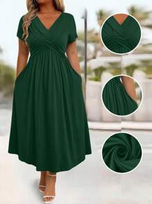 SHEIN LUNE Plus Size Women's Solid Color V-Neck Short Sleeve Ruched Pocket Long Casual Dress, For Christmas Maxi Women Outfit