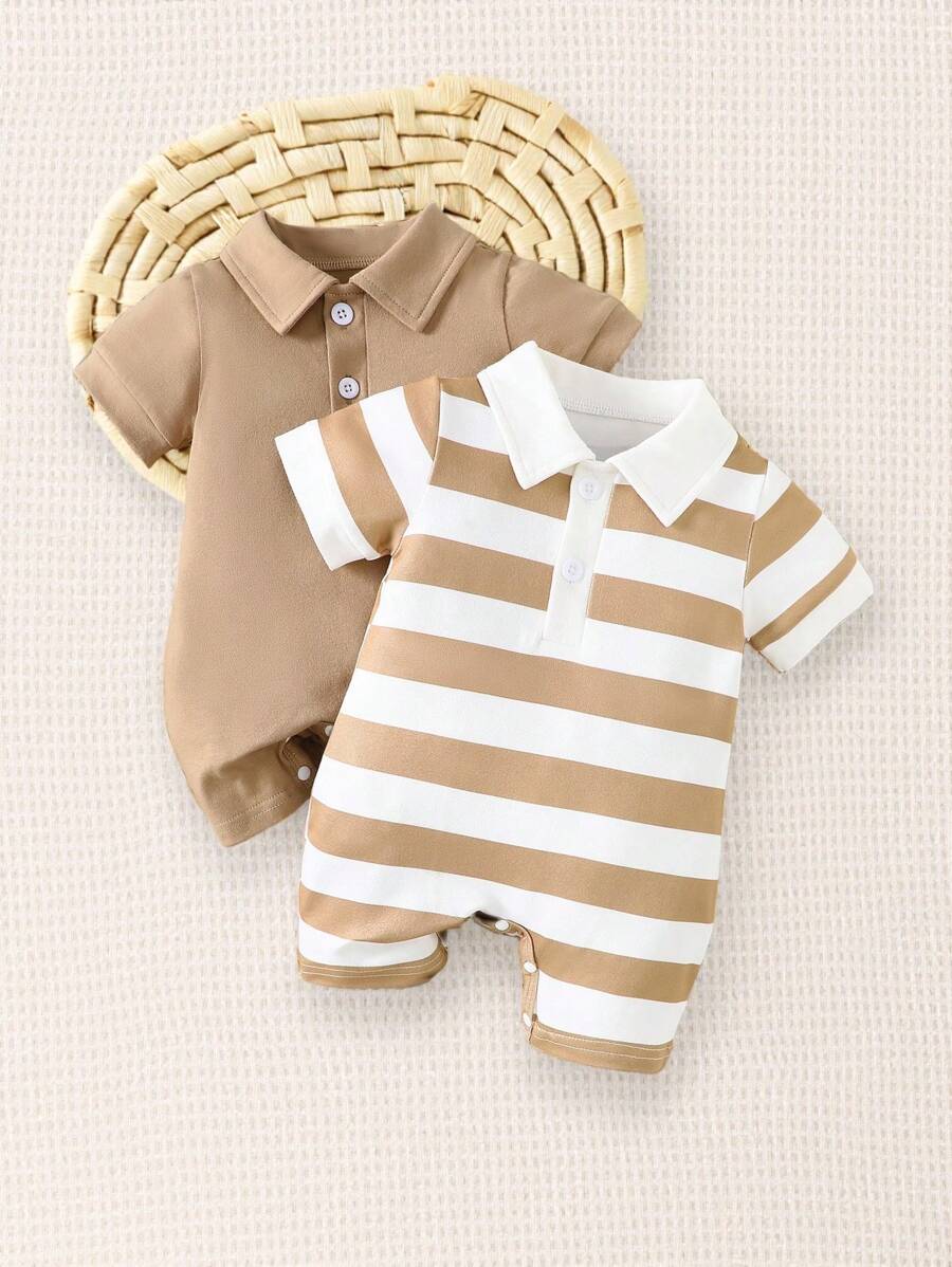 SHEIN Vintaside Kids 2 Stücke/Set Kleinkind süß Lässig farbblockstreifen Kragen Knopf-up Kurzarm Romper - Khaki - Übersicht 1