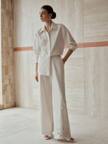 MOTF PREMIUM 2 件套女士优雅撞色亮片仿珍珠细节落肩宽松衬衫和阔腿裤套装