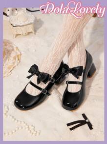 Dola Lovely Women's Bowknot Round Toe Mary Jane Shoes, Shallow Buckle Thick Heel High Heels, Fashionable Versatile White Shoes