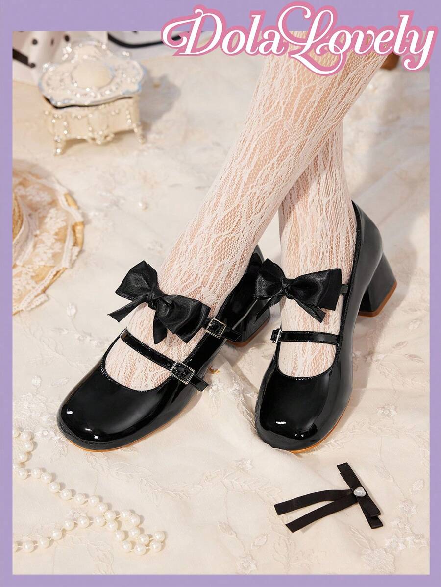 Dola Lovely Women's Bowknot Round Toe Mary Jane Shoes, Shallow Buckle Thick Heel High Heels, Fashionable Versatile White Shoes