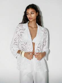 Lumivelle Blazer ouvert à col châle en jacquard fleuri avec dentelle - Blanc - Voir 5