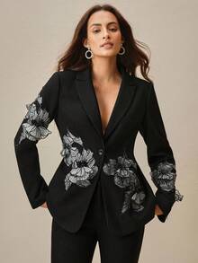 Anewsta Áo khoác vest công sở họa tiết hoa 3D thắt eo thời trang, Thu/Đông - màu đen - Xem 3