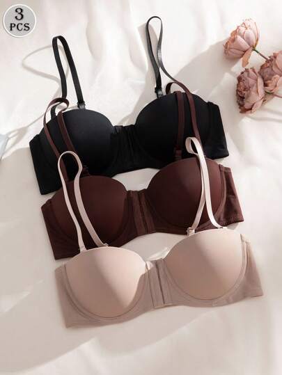 SHEIN Esselle 3pcs Set - Multi-Color Balcony Mug Cup Front Closure Push Up Bra, Convertible Straps