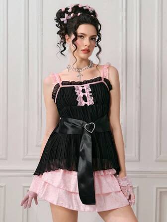 Kawaii Top de camisola elegante con parches de malla de color contrastante, para el verano
