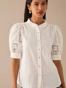 Lilora Women's Casual Summer Hollow Out Puff Sleeve Single Breasted Shirt Urban Style Urban Leisure, Romantic And Elegant, Going Out