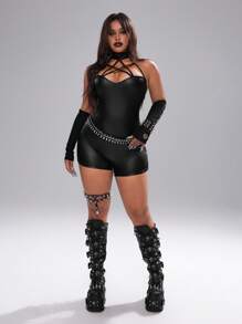 Whyspr Plus Size Women's Spring Summer Stand Collar Pentagram Webbing Hollow Out Sexy Skinny PU Faux Leather Elegant Cool Punk Casual Party Jumpsuit - Black - View 4