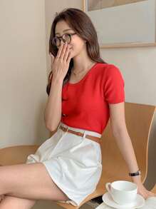 DAZY Women's Solid Color Asymmetric Neck Button Design Casual Knit Top, Short Sleeve - Red - View 7
