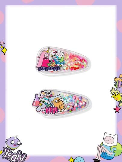 Adventure Time X ROMWE 2 piezas Pinzas para el pelo con gráficos de letras de dibujos animados brillantes