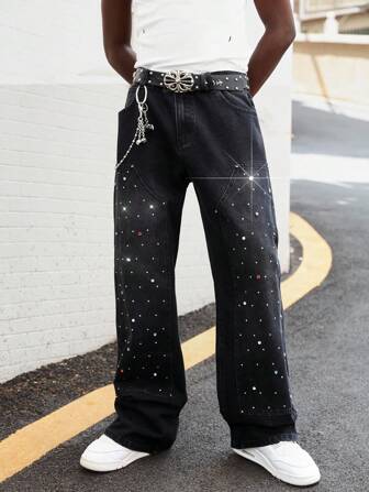 Street Life Herren Jeans mit Strass-besetzter Tasche, modische Lässig Jeans