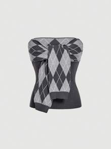 SHEIN MOD Grey Diamond Grid Tie-Front Tube Top, Collegiate Style - Multicolor - View 1