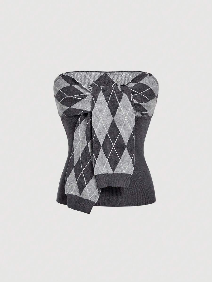 SHEIN MOD Grey Diamond Grid Tie-Front Tube Top, Collegiate Style - Multicolor - View 1